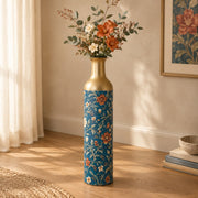 Vintage Medallion Metal Flower Vase – Teal Rust Bloom Vine decorative metal vase shown in a styled room scene.