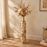 Slate Foliage Metal Flower Vase – Terracotta Peony Rosebud decorative metal vase shown in a styled room scene.