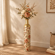 Slate Foliage Metal Flower Vase – Terracotta Peony Rosebud decorative metal vase shown in a styled room scene.