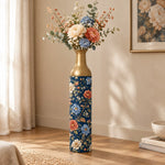 Persian Posy Metal Flower Vase – Navy Peony Chinoiserie decorative metal vase shown in a styled room scene.