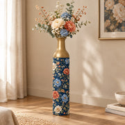 Persian Posy Metal Flower Vase – Navy Peony Chinoiserie decorative metal vase shown in a styled room scene.