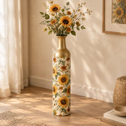 Sunflower Metal Flower Vase – Cream Sunflower Medley decorative metal vase shown in a styled room scene.