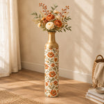 Iznik Blue Metal Flower Vase – Cream Rust Blossom Vine decorative metal vase shown in a styled room scene.
