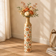 Iznik Blue Metal Flower Vase – Cream Rust Blossom Vine decorative metal vase shown in a styled room scene.