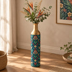 Gilded Fan Metal Flower Vase – Teal Tulip Acanthus Morris decorative metal vase shown in a styled room scene.