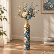 Blush Bloom Metal Flower Vase – Navy Cream Peony Blossom decorative metal vase shown in a styled room scene.