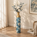 Sage Poppy Metal Flower Vase – Indigo Magnolia Branch decorative metal vase shown in a styled room scene.