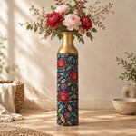Daily Metal Flower Vase – Navy Peony and Gold Scrollwork decorative metal vase shown in a styled room scene.