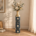 Gold Lattice Metal Flower Vase – Black Gold Diamond Art Deco decorative metal vase shown in a styled room scene.