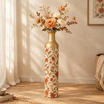 Amber Scroll Metal Flower Vase – Cream Acanthus Scroll Vine decorative metal vase shown in a styled room scene.