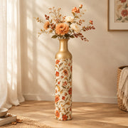 Amber Scroll Metal Flower Vase – Cream Acanthus Scroll Vine decorative metal vase shown in a styled room scene.