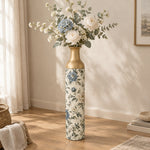 Slate Foliage Metal Flower Vase – Parchment Peony Butterfly decorative metal vase shown in a styled room scene.