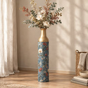 Vintage Medallion Metal Flower Vase – Dusty Blue Terracotta Bloom decorative metal vase shown in a styled room scene.