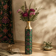 Gold Diamond Metal Flower Vase – Emerald Persian Lotus Vine decorative metal vase shown in a styled room scene.