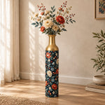 Iznik Blue Metal Flower Vase – Navy Rust Dusty Blue Bloom decorative metal vase shown in a styled room scene.