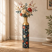 Iznik Blue Metal Flower Vase – Navy Rust Dusty Blue Bloom decorative metal vase shown in a styled room scene.