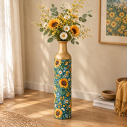Sunflower Metal Flower Vase – Navy Sunflower Daisy decorative metal vase shown in a styled room scene.