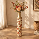 Sage Poppy Metal Flower Vase – Rust Blossom on Cream decorative metal vase shown in a styled room scene.