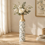 Emerald Bloom Metal Flower Vase – Ivory Chinoiserie Songbird Peony decorative metal vase shown in a styled room scene.