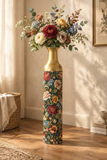 Persian Posy Metal Flower Vase – Teal Chintz Peony decorative metal vase shown in a styled room scene.