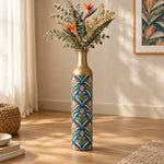 Gilded Fan Metal Flower Vase – Navy Lily Tulip Art Nouveau decorative metal vase shown in a styled room scene.