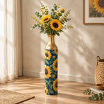 Sunflower Metal Flower Vase – Navy Sunflower Bloom decorative metal vase shown in a styled room scene.
