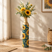 Sunflower Metal Flower Vase – Navy Sunflower Bloom decorative metal vase shown in a styled room scene.