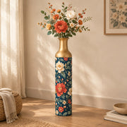 Persian Posy Metal Flower Vase – Navy Cream Peony Bloom decorative metal vase shown in a styled room scene.