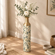 Slate Foliage Metal Flower Vase – Ivory Slate Peony decorative metal vase shown in a styled room scene.