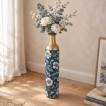 Blush Bloom Metal Flower Vase – Navy White Anemone Elegance decorative metal vase shown in a styled room scene.