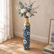 Blush Bloom Metal Flower Vase – Navy White Anemone Elegance decorative metal vase shown in a styled room scene.