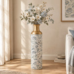Gilded Fan Metal Flower Vase – Cream Lotus Foliage Scroll decorative metal vase shown in a styled room scene.