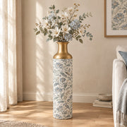 Gilded Fan Metal Flower Vase – Cream Lotus Foliage Scroll decorative metal vase shown in a styled room scene.