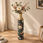 Sage Poppy Metal Flower Vase – Navy Magnolia Bluebird decorative metal vase shown in a styled room scene.