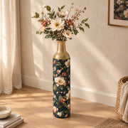Sage Poppy Metal Flower Vase – Navy Magnolia Bluebird decorative metal vase shown in a styled room scene.