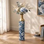Amber Scroll Metal Flower Vase – Navy Chinoiserie Peony Scroll decorative metal vase shown in a styled room scene.