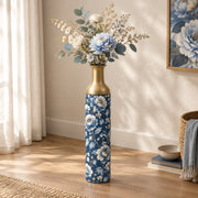Amber Scroll Metal Flower Vase – Navy Chinoiserie Peony Scroll decorative metal vase shown in a styled room scene.