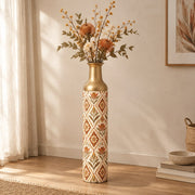 Gold Lattice Metal Flower Vase – Cream Diamond Lattice Folk Bloom decorative metal vase shown in a styled room scene.