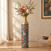 Vintage Medallion Metal Flower Vase – Navy Peony Scroll Bird decorative metal vase shown in a styled room scene.