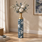 Sage Garden Metal Flower Vase – Navy White Peony Garden decorative metal vase shown in a styled room scene.