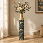 Gilded Fan Metal Flower Vase – Navy Cream Lotus Acanthus decorative metal vase shown in a styled room scene.