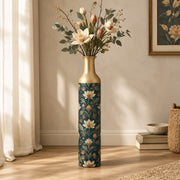 Gilded Fan Metal Flower Vase – Navy Cream Lotus Acanthus decorative metal vase shown in a styled room scene.
