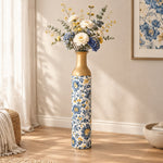 Iznik Blue Metal Flower Vase – Ivory Blue Mustard Morris Scroll decorative metal vase shown in a styled room scene.