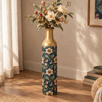 Gold Diamond Metal Flower Vase – Navy Cream Rust Blossom decorative metal vase shown in a styled room scene.