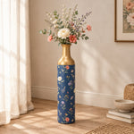 Sage Garden Metal Flower Vase – Navy Wildflower Meadow decorative metal vase shown in a styled room scene.