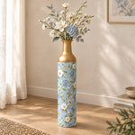 Blush Bloom Metal Flower Vase – Pale Blue Wild Rose Botanical decorative metal vase shown in a styled room scene.