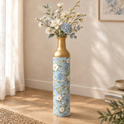 Blush Bloom Metal Flower Vase – Pale Blue Wild Rose Botanical decorative metal vase shown in a styled room scene.