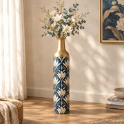 Gold Lattice Metal Flower Vase – Navy Gold Lily Repeat decorative metal vase shown in a styled room scene.