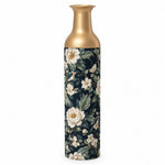 Slate Foliage Metal Flower Vase – Navy White Peony Bird decorative metal vase shown in a product view.