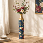 Emerald Bloom Metal Flower Vase – Navy Burgundy Peony Gilded Branch decorative metal vase shown in a styled room scene.